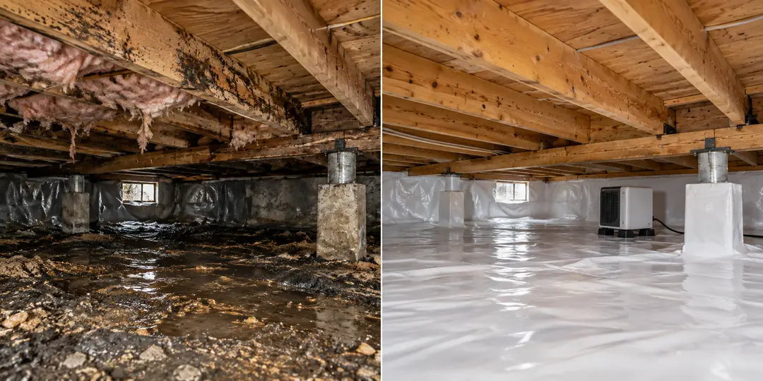 Before and after crawl space mold removal: moldy joists over wet soil, then the same space sealed with a white vapor barrier and a dehumidifier