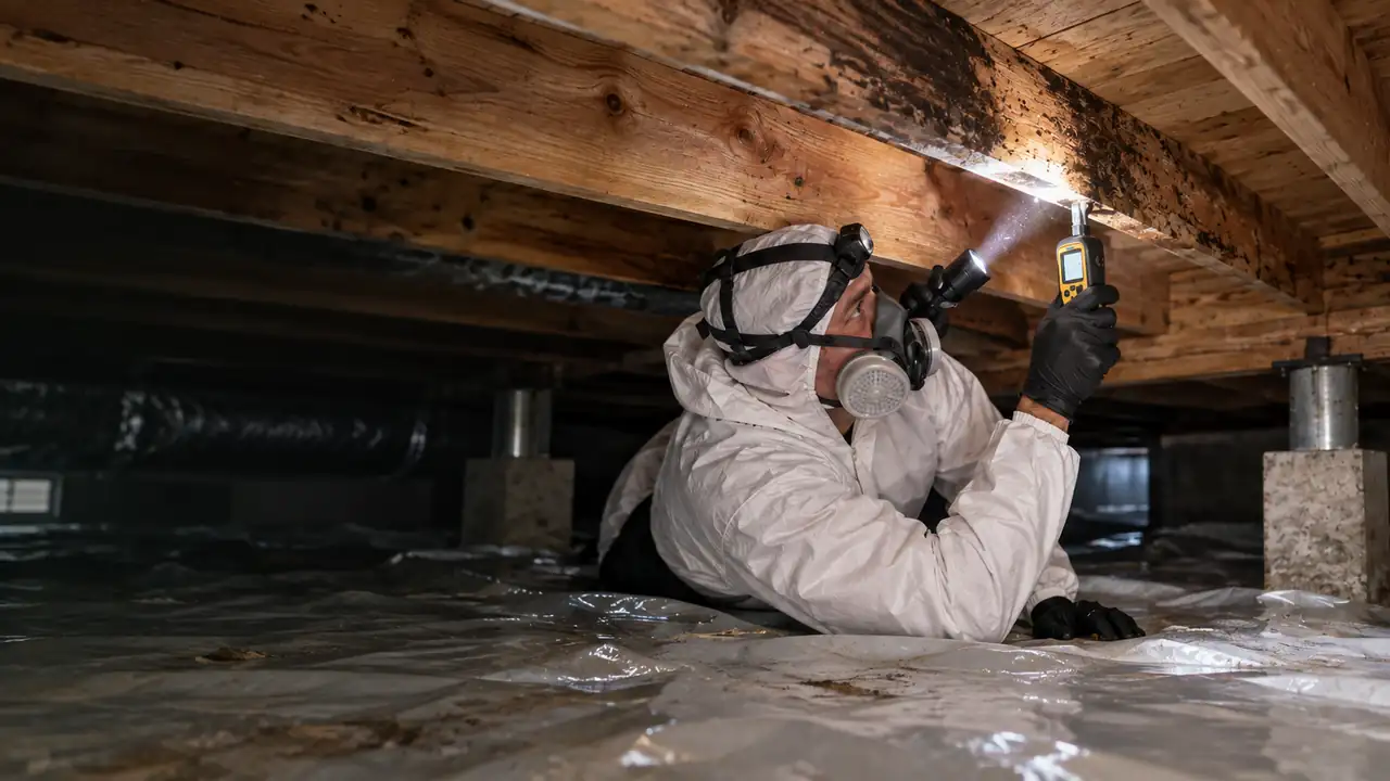 Technician in a protective suit and respirator checking moldy crawl space joists with a moisture meter