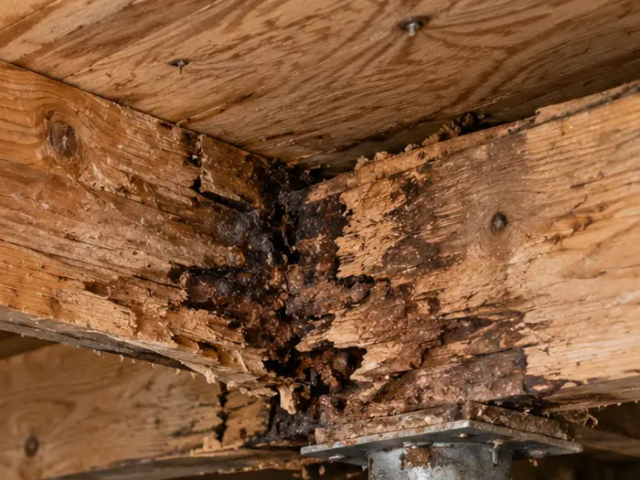 Rotted, crumbling wood beam above a metal support post damaged by crawl space moisture